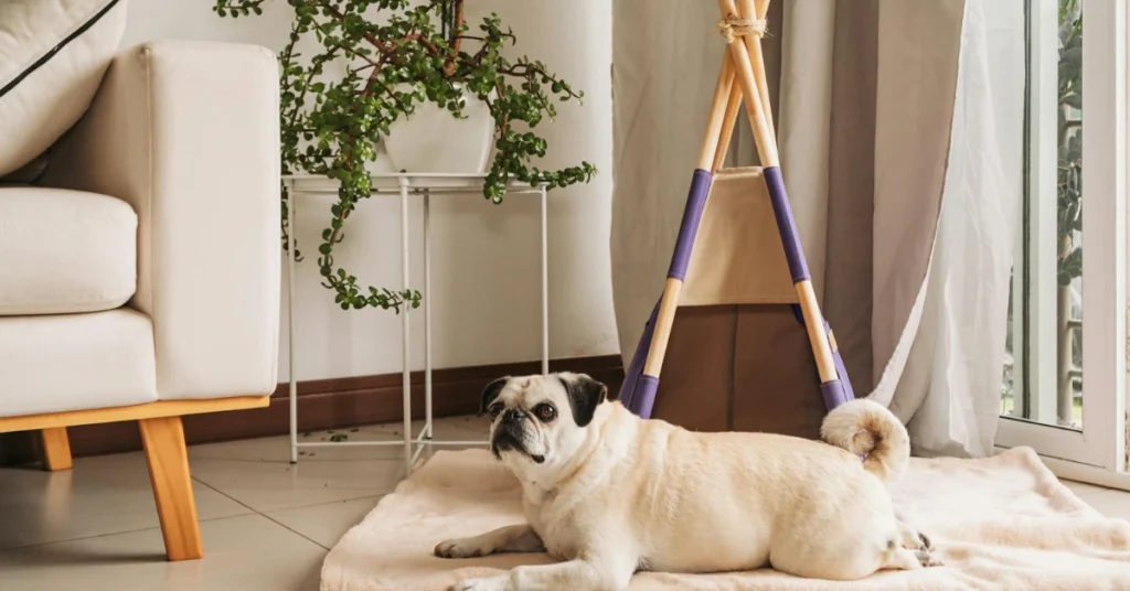 A calm pug lying on a soft beige rug in a stylish living room, surrounded by a modern sofa, a green plant, and a small indoor tent. A perfect scene for pug lovers looking for pug names.